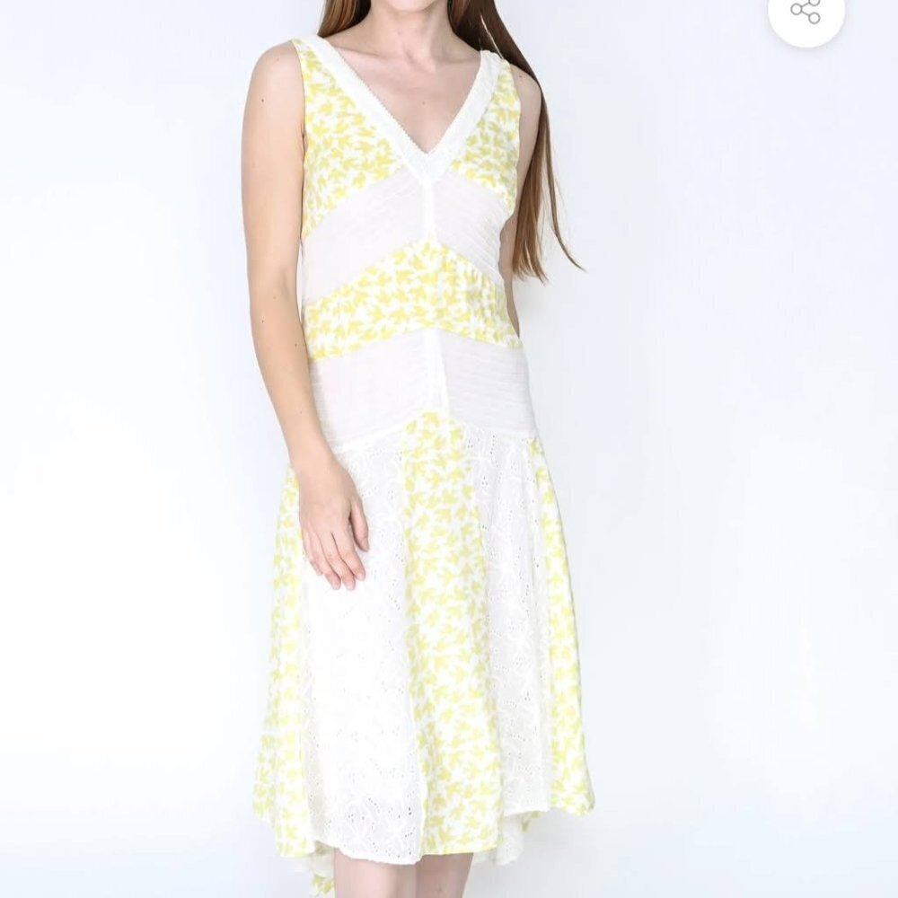 ✅ ANTHROPOLOGIE LEIFNOTES Yellow‎ Bird Midi Dress Size 6 YELLOW/WHITE